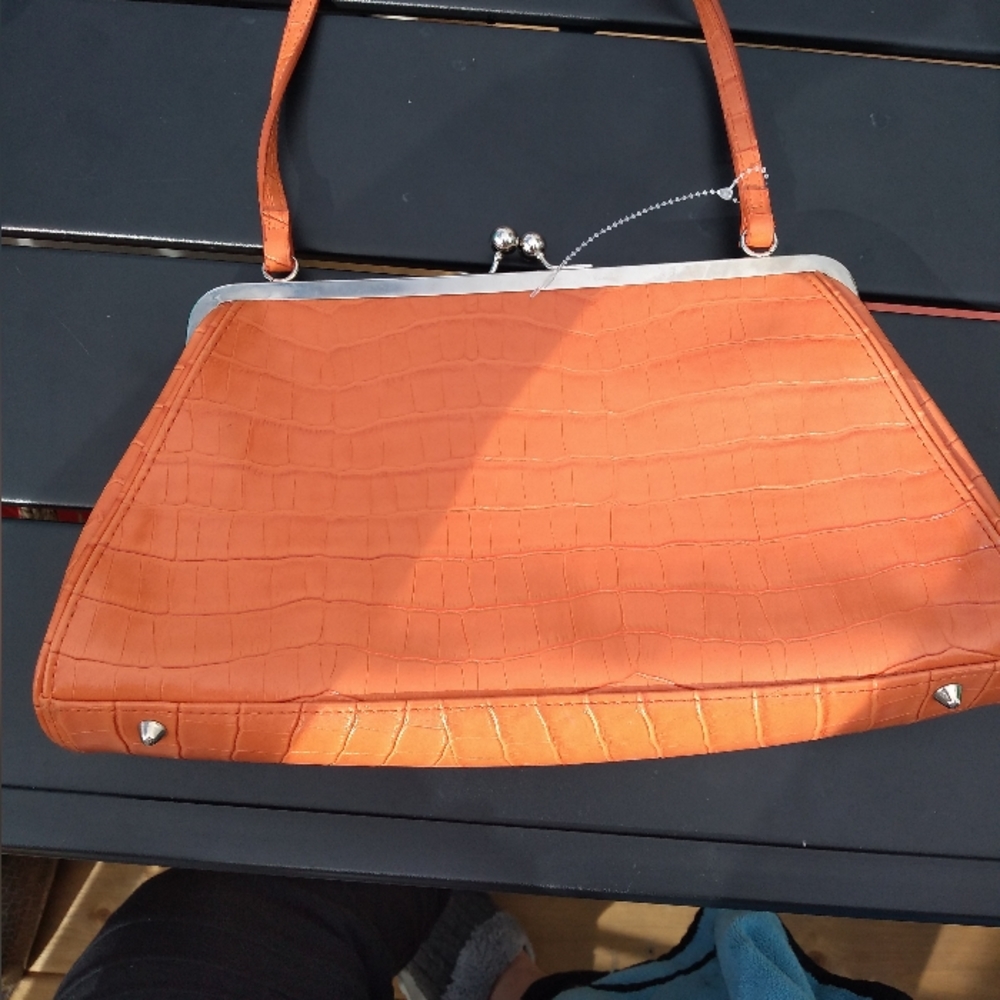 Bianca Nygard Brown-Orange Handbag, Faux Snakeskin Pattern, Kiss Lock Cl… - Picture 3 of 10